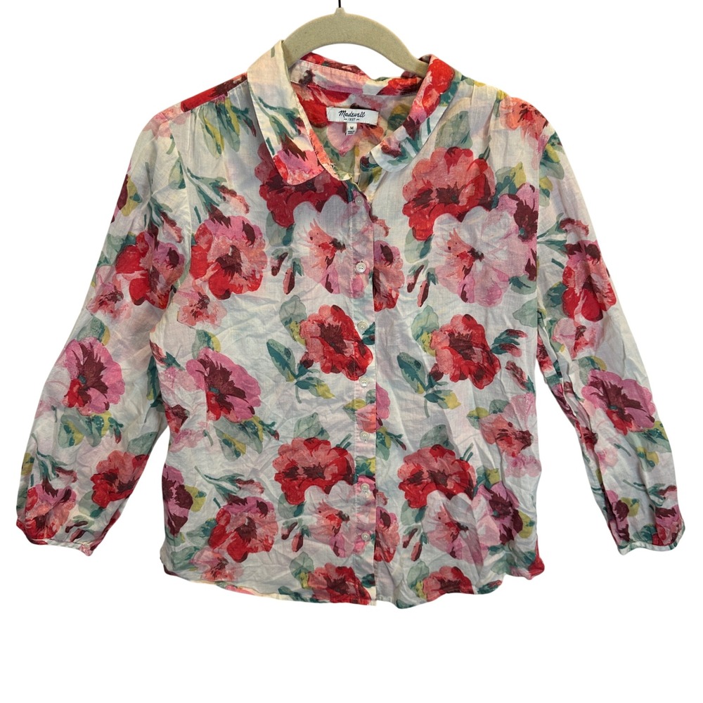 Madewell Floral Button Down Shirt Women Med Pink Red Cotton Long Sleeve Blouse